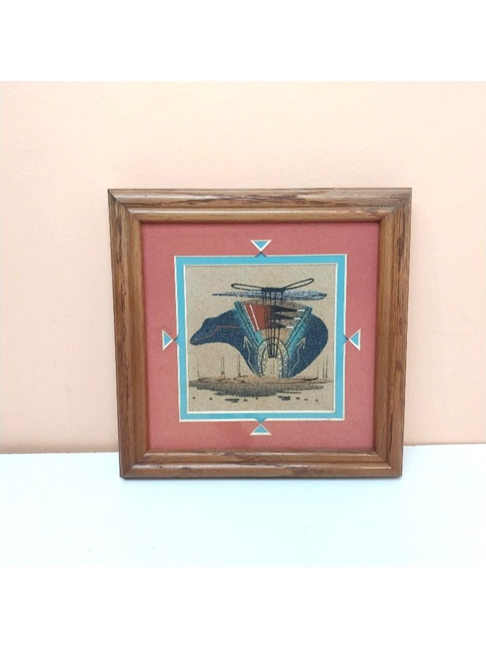 Navajo Sandpainting Signed Begay Rustic Wooden Frame 7" x 7" Bear Fetish